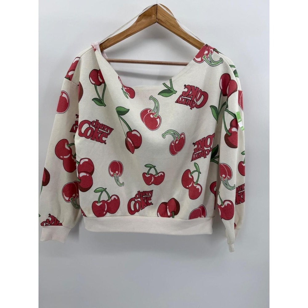 Coca-Cola Cherry Coke Cropped Sweatshirt Off Shoulder Cream XS